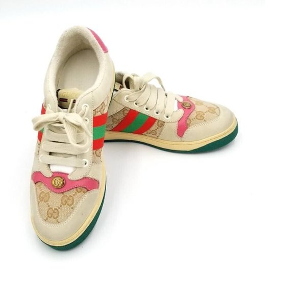 Gucci GG Logo Screener Web Stripe Beige with Pink Leather Trim Size EU39/US8.5 - Picture 1 of 9